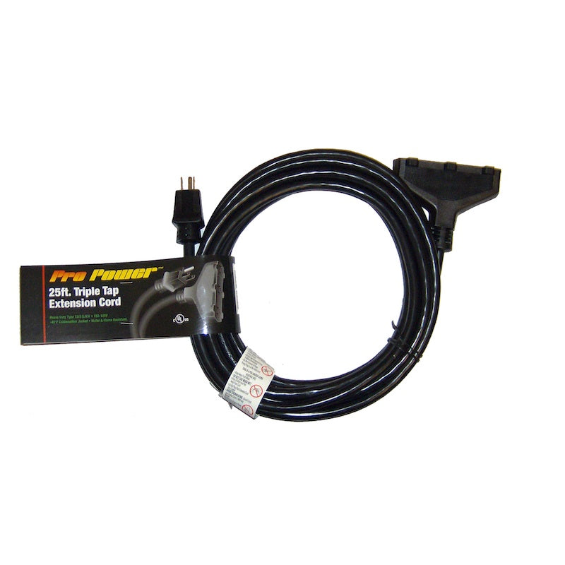 CBI Black Triple-Tap Extension Cord, 25-ft. Heavy Duty Power Cable
