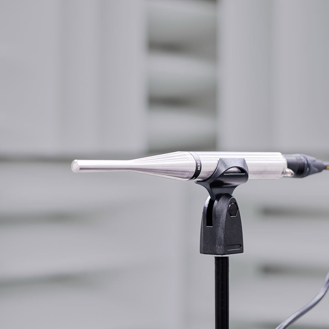 Earthworks M30 - 30kHz Measurement Microphone mounted on a mic stand