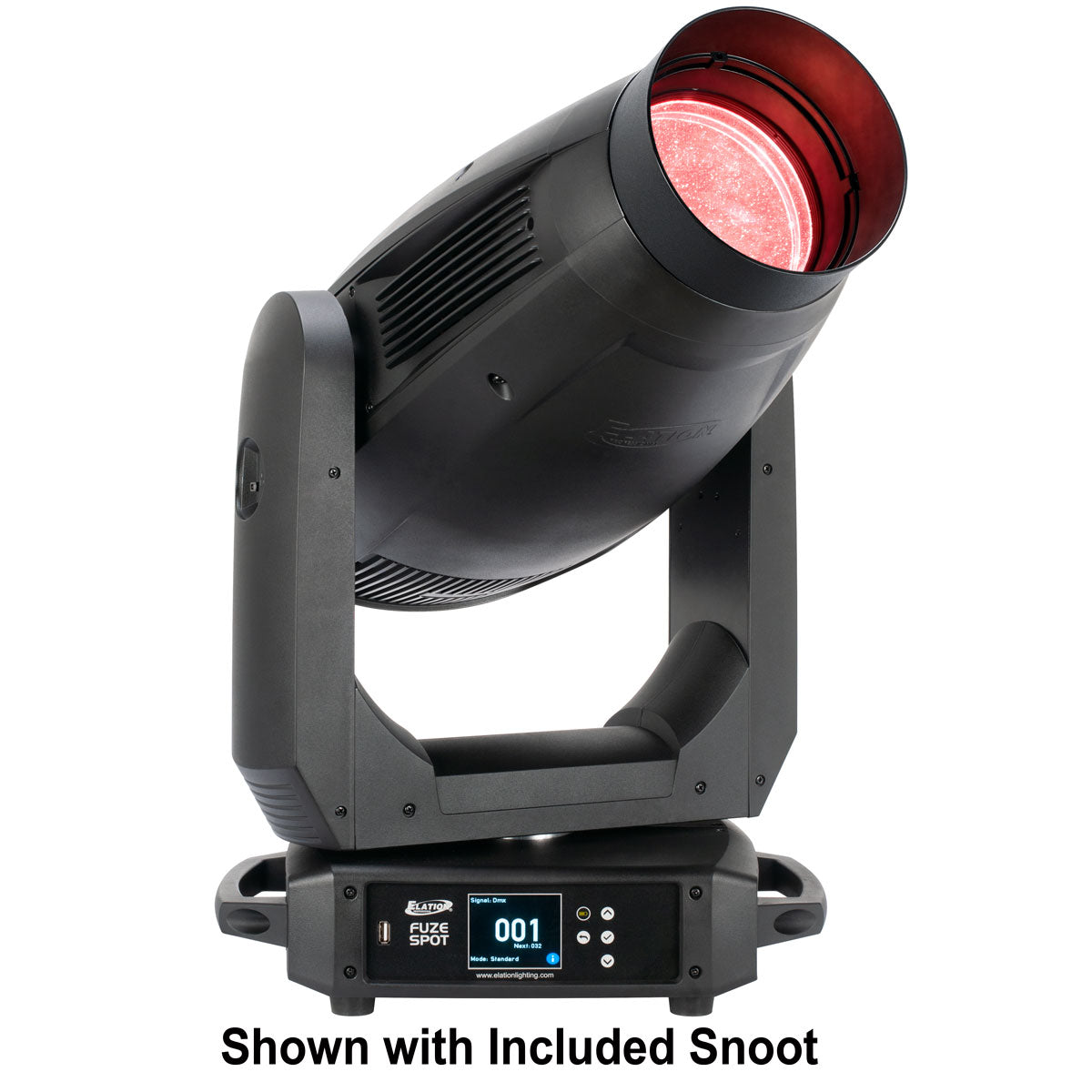 Elation FUZE SPOT - Automated RGBMA LED Spot, shown with included snoot