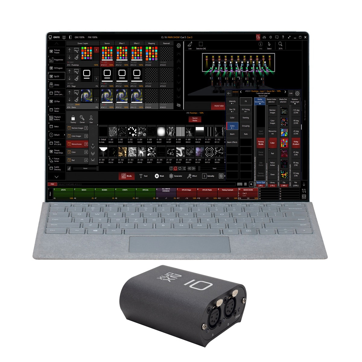 Elation NX DMX - USB to DMX/RDM Interface, software user interface on a laptop