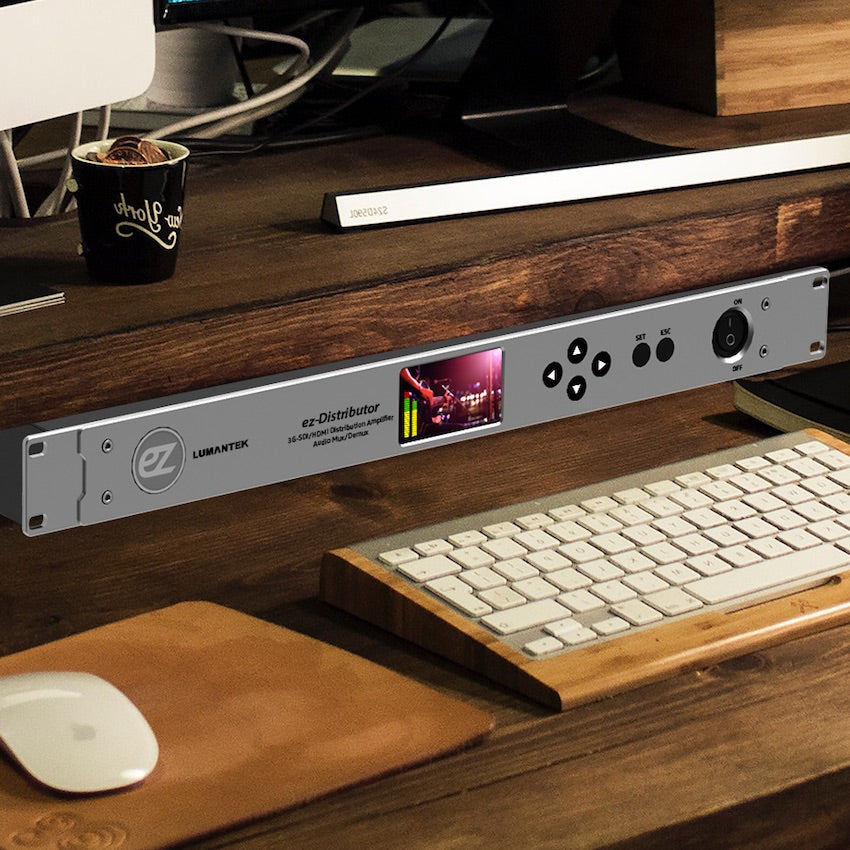 Lumantek ez-Distributor SDI & HDMI Distribution Amp with LCD Monitor, mounted under a desk
