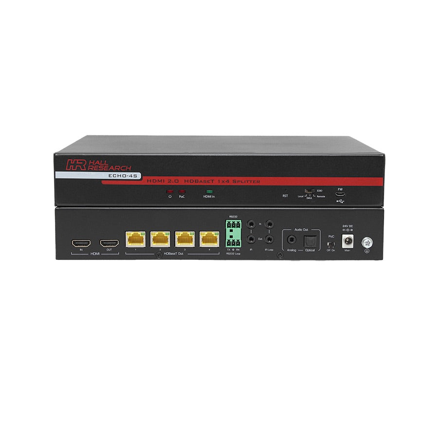 Hall Technologies ECHO-4S - 4-Channel HDBaseT Splitter (Sender), front and rear views