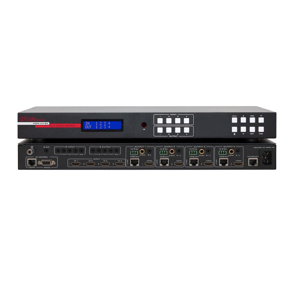 Hall Technologies HSM-44-BX - 4K Video 4x4 HDMI Matrix Switch, front and rear views