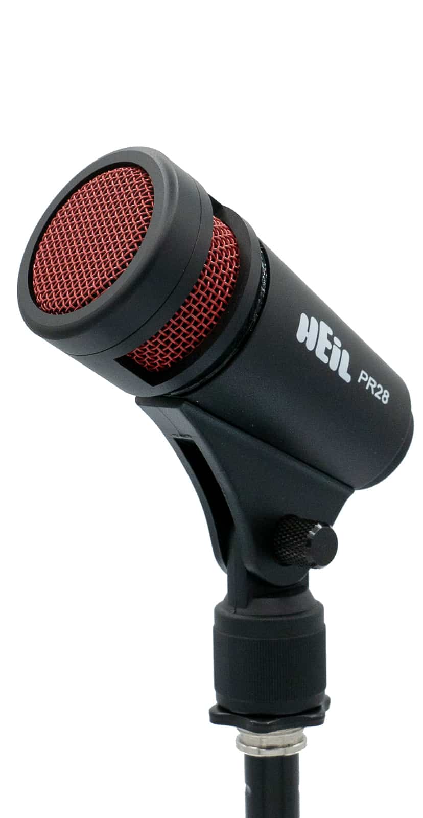 Heil PR 28 Premier Drum and Tom Microphone, mounted on a mic stand