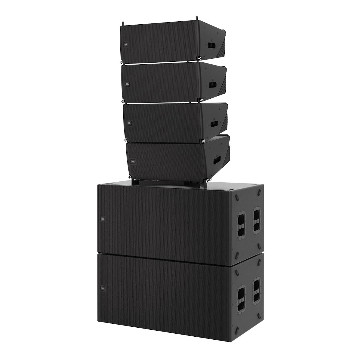 The JBL SRX910LA - Dual 10-inch Powered Line Array Loudspeaker, 4 speaker 2 sub ground stack configuration