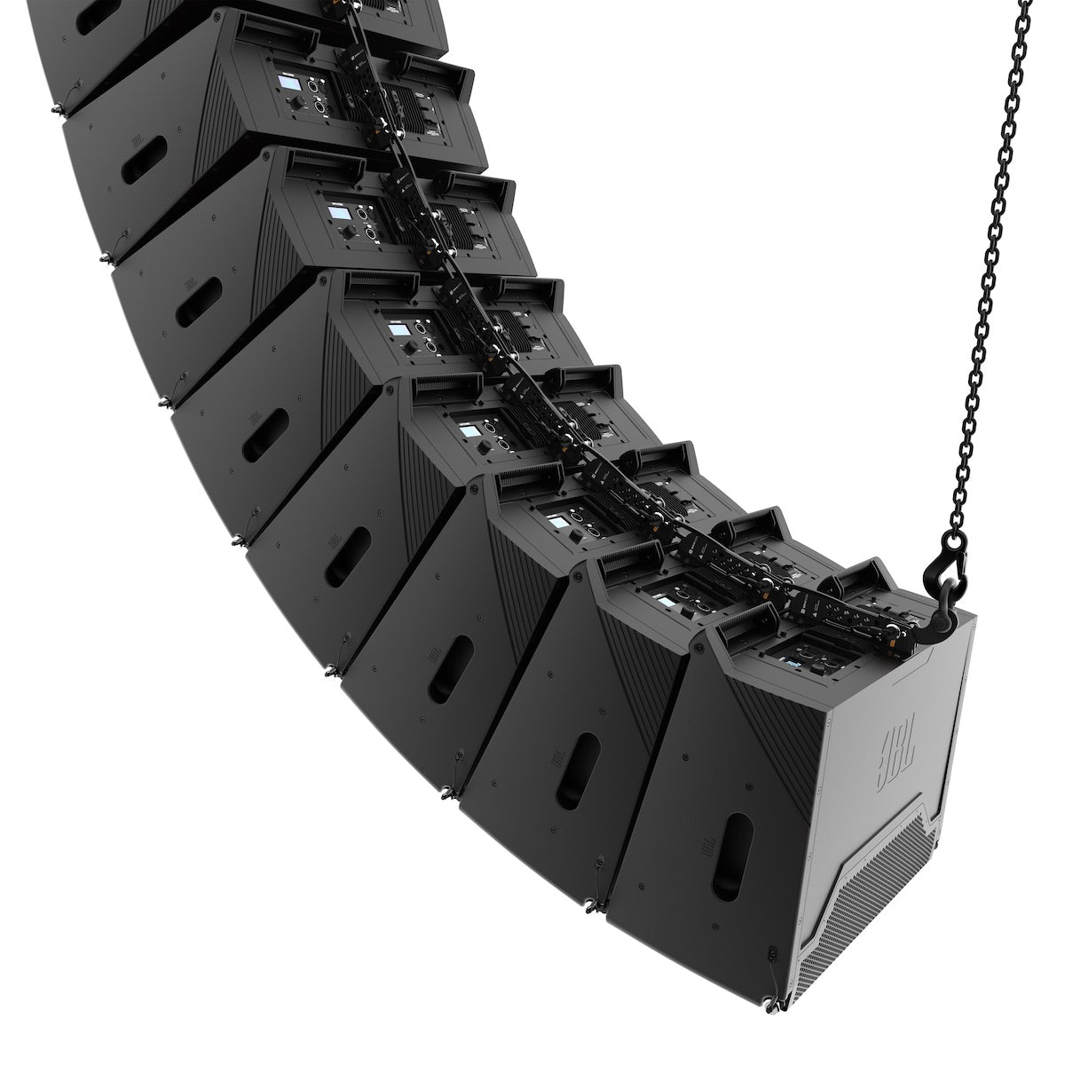 The JBL SRX910LA - Dual 10-inch Powered Line Array Loudspeaker, flown configuration, pullback closeup