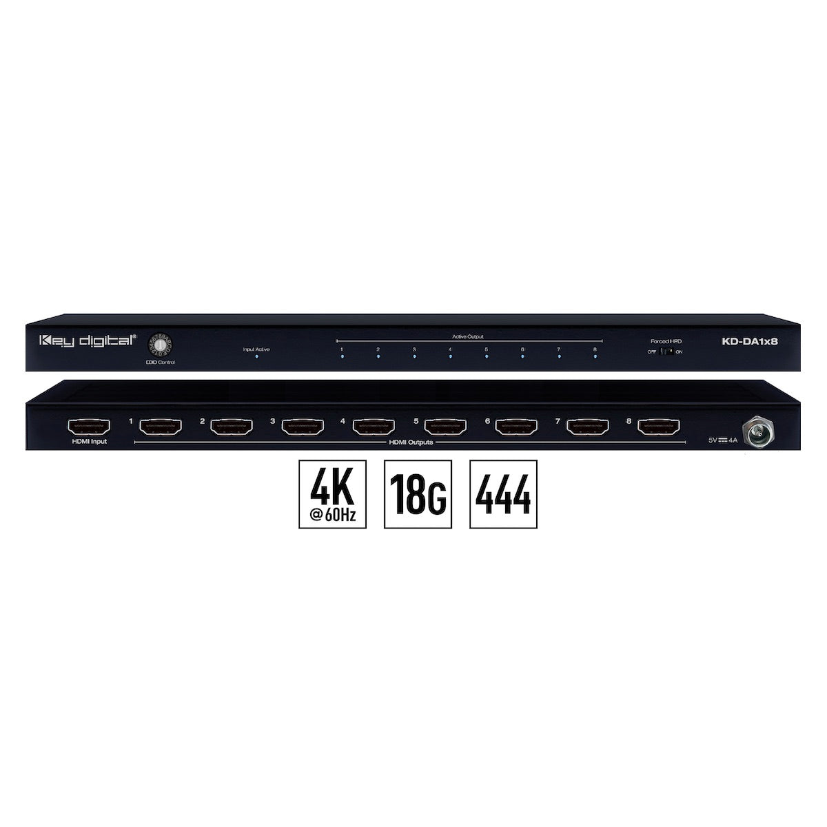 Key Digital KD-DA1x8 - 1x8 4K/18G HDMI Distribution Amplifier, front and rear views