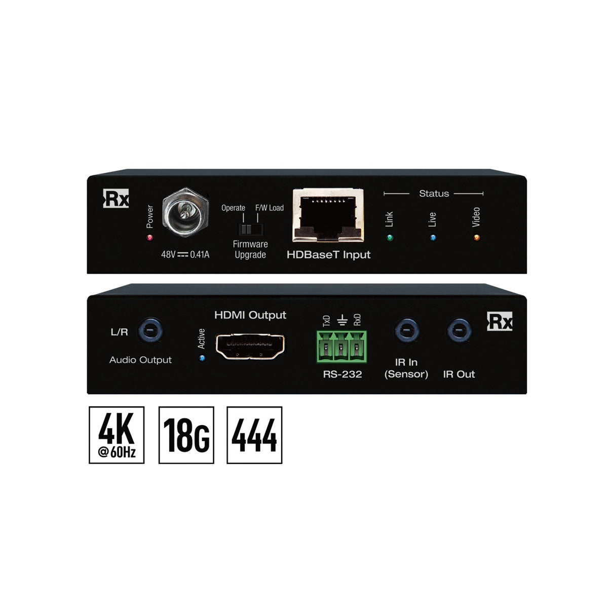 Key Digital KD-X40MRx - 4K/18G HDBT Receiver, front and rear views