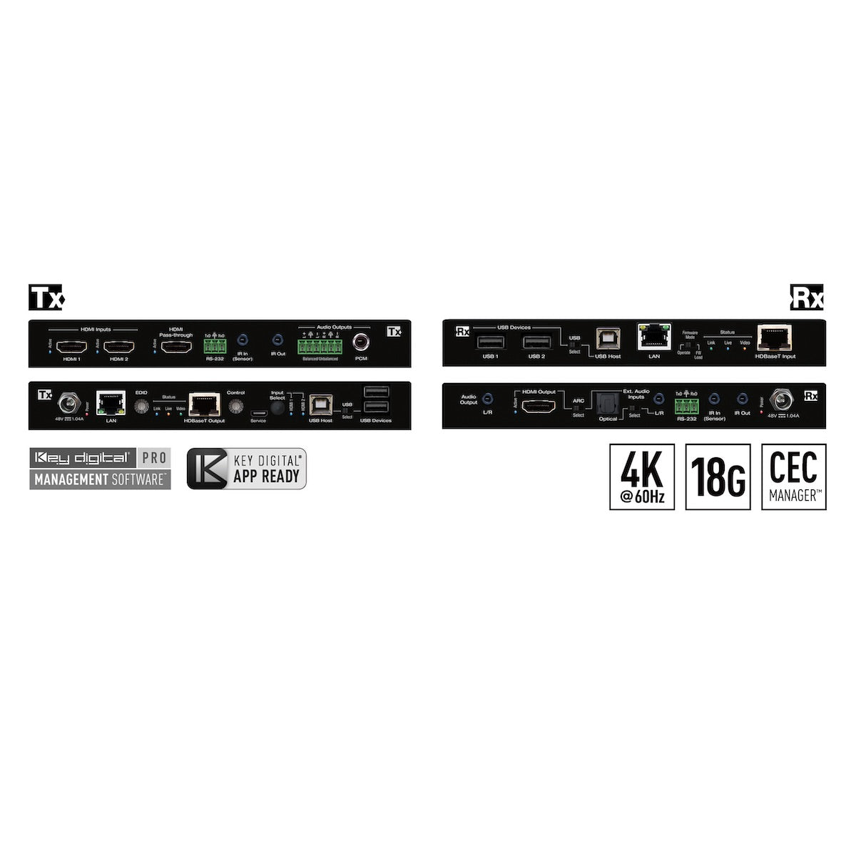 Key Digital KD-XPS22U - 4K/18G Smart Extender Kit, front and rear views