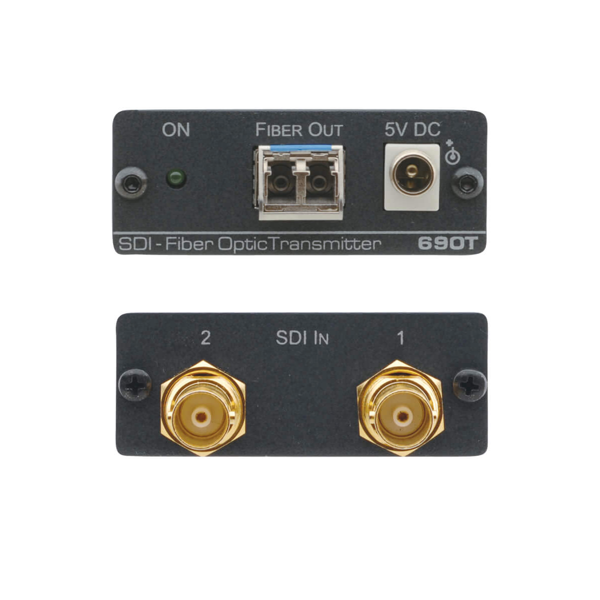 Kramer 690T - 2-Channel 3G HD-SDI Fiber Optic Transmitter, front and rear views