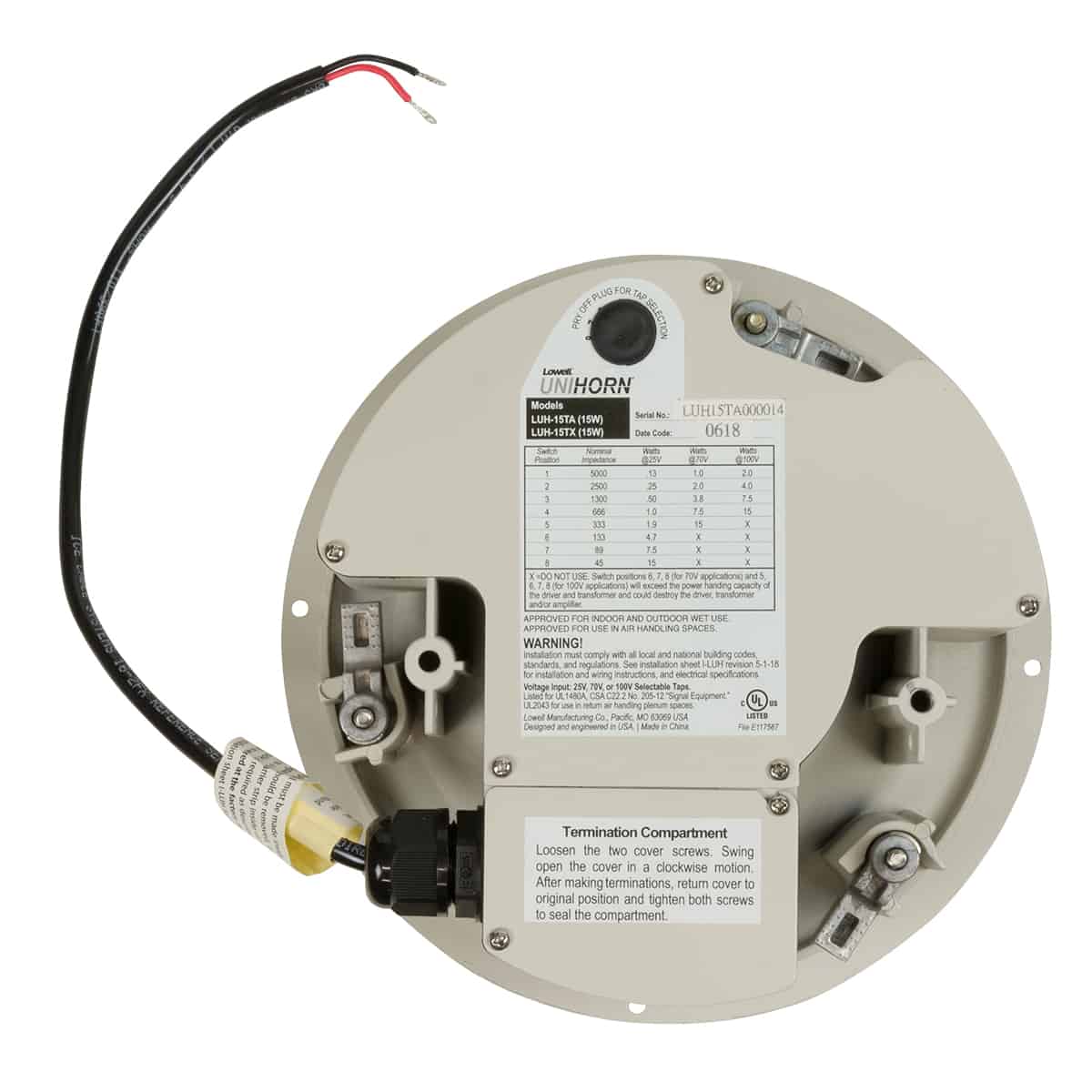 Lowell LUH-15TA Unihorn 15W Speaker for General Signaling, rear