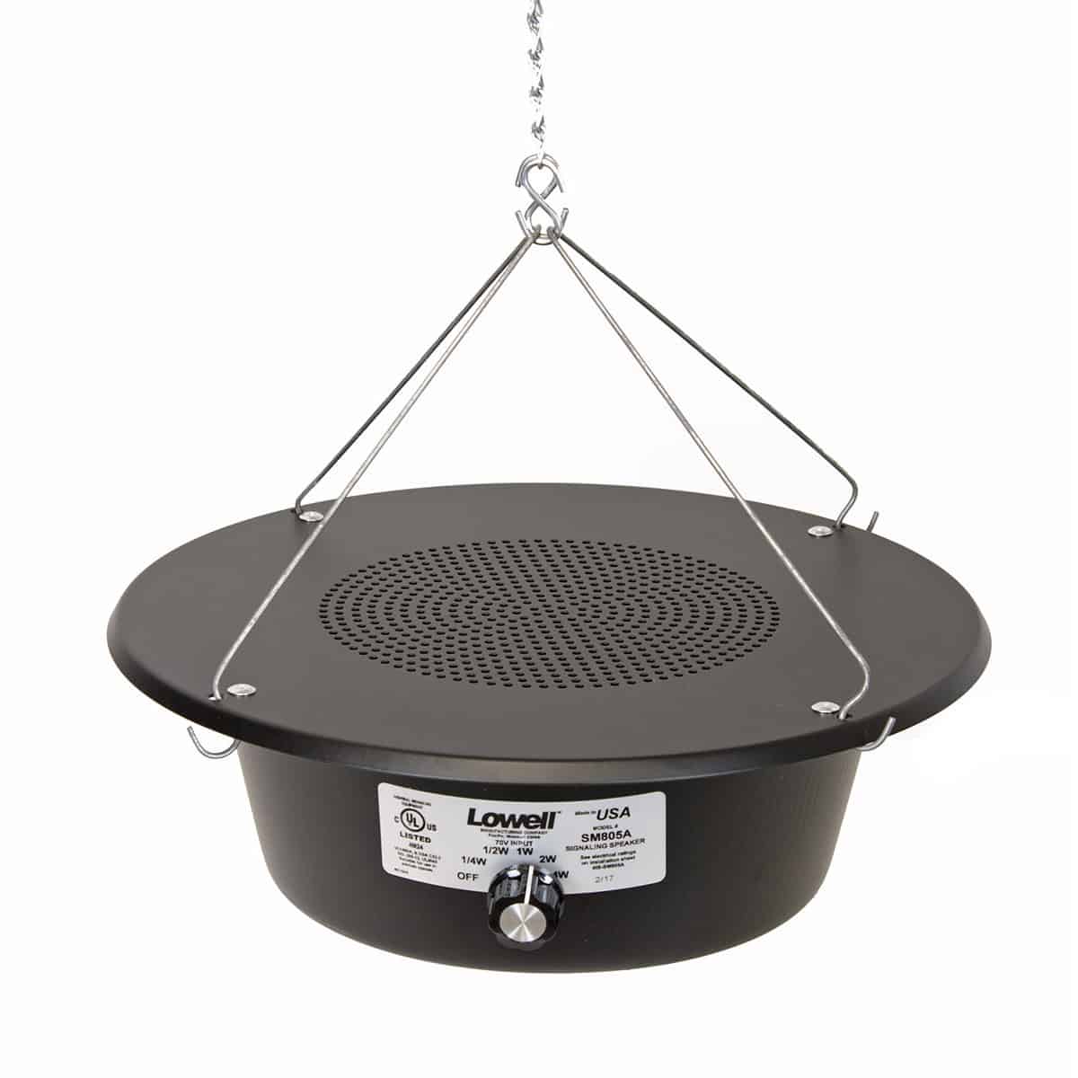 Lowell SM805A 8-in 12W Sound Masking Speaker with removable wire hangers, S-hooks, and 4 ft. chain