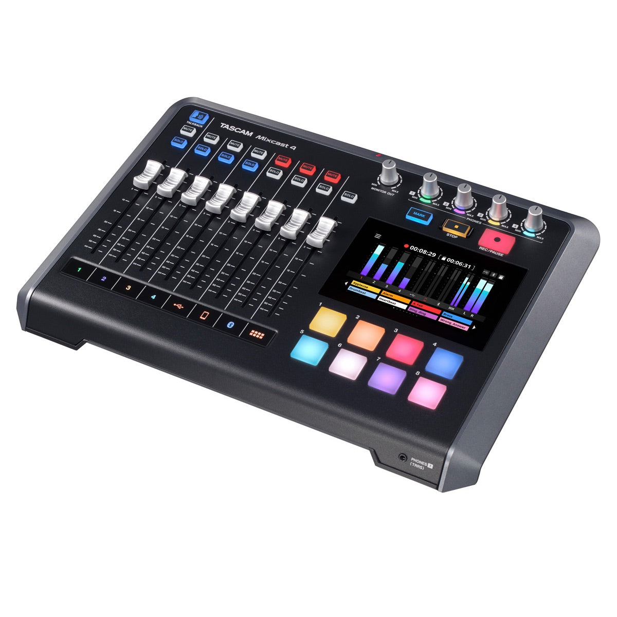 Tascam Mixcast 4 - Podcast Station with Recorder/USB Audio Interface, right angled