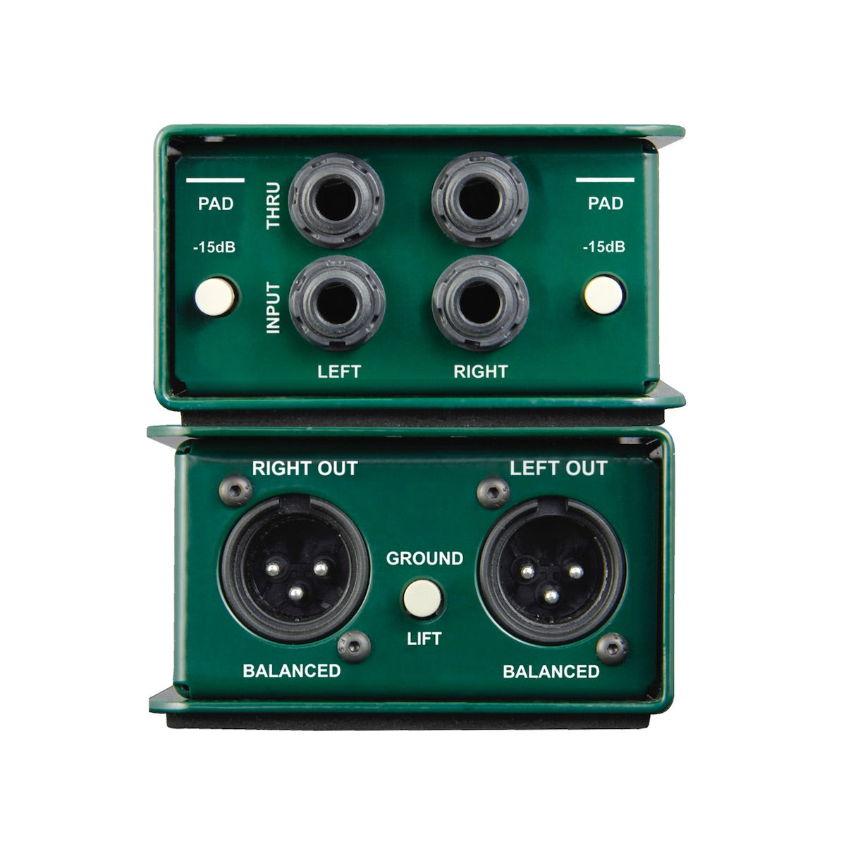 Radial JDI Stereo - Passive Two-channel Direct Box with Jensen Transformers, front and rear views, stacked