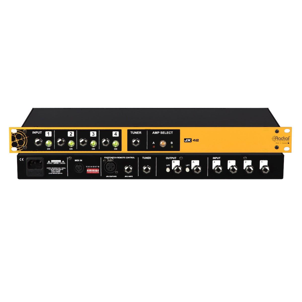 Radial JX42 V2 - Guitar and Amplifier Switcher, front and rear views, stacked