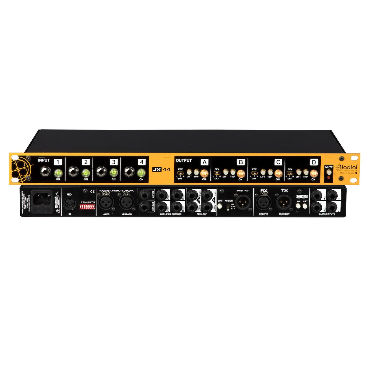 Radial JX44 V2 - Guitar, Amplifier, and FX Signal Manager, front and rear views, stacked