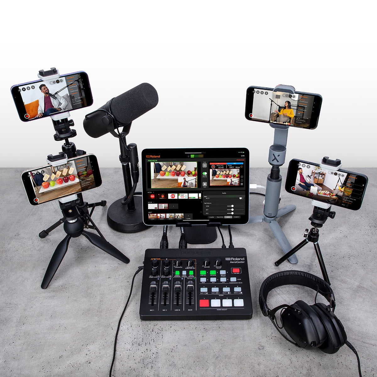 Roland VRC-01 Aerocaster ‐ Wireless AV Streaming Mixer System, optional equipment shown