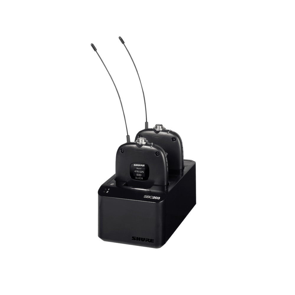 Shure SBC203 - Dual-docking Recharging Station shown with bodypacks