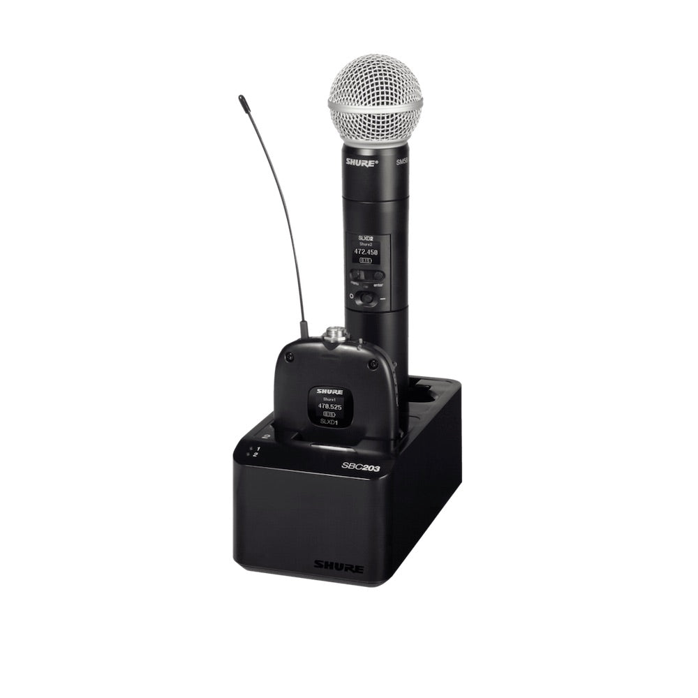 Shure SBC203 - Dual-docking Recharging Station shown with one mic and one body pack