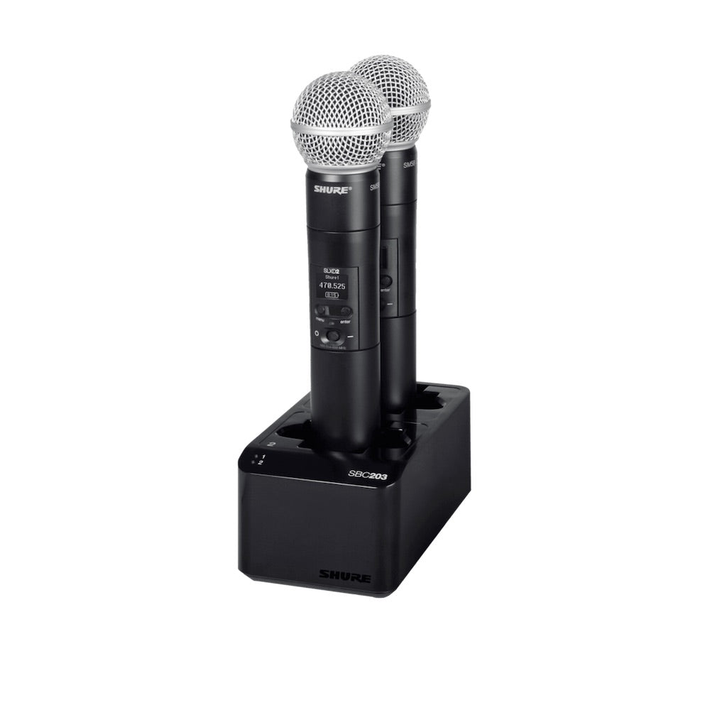 Shure SBC203 - Dual-docking Recharging Station shown with 2 mics