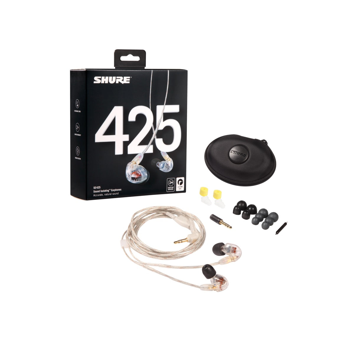 Shure SE425-CL - Sound Isolating Dual Driver Earphone, Clear, box