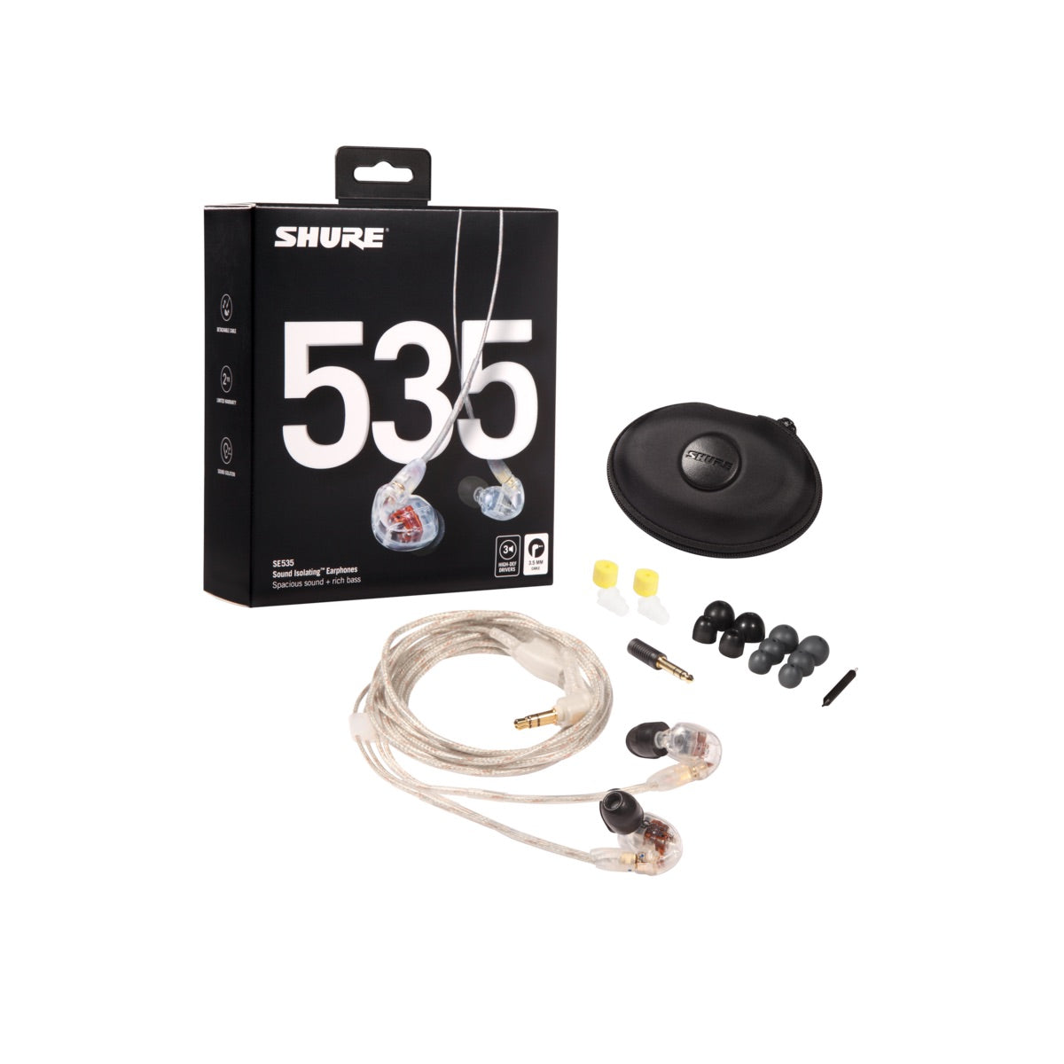 Shure SE535-CL - Sound Isolating Triple Driver Earphone, Clear, box
