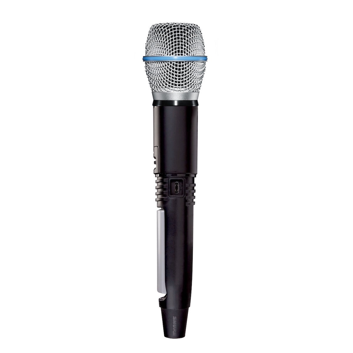 Shure GLXD2+/B87 Beta87A Handheld Transmitter, with battery door open and USB-C port exposed