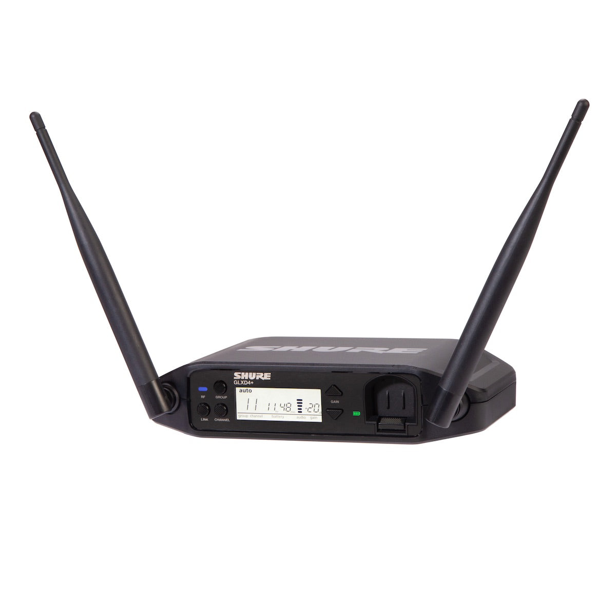 Shure GLXD4+ Tabletop Receiver for GLX-D+ Dual Band Wireless, angle