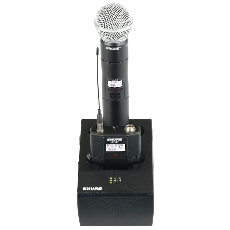 Shure SBC200 - Dual Docking Charger, shown with mic and bodypack