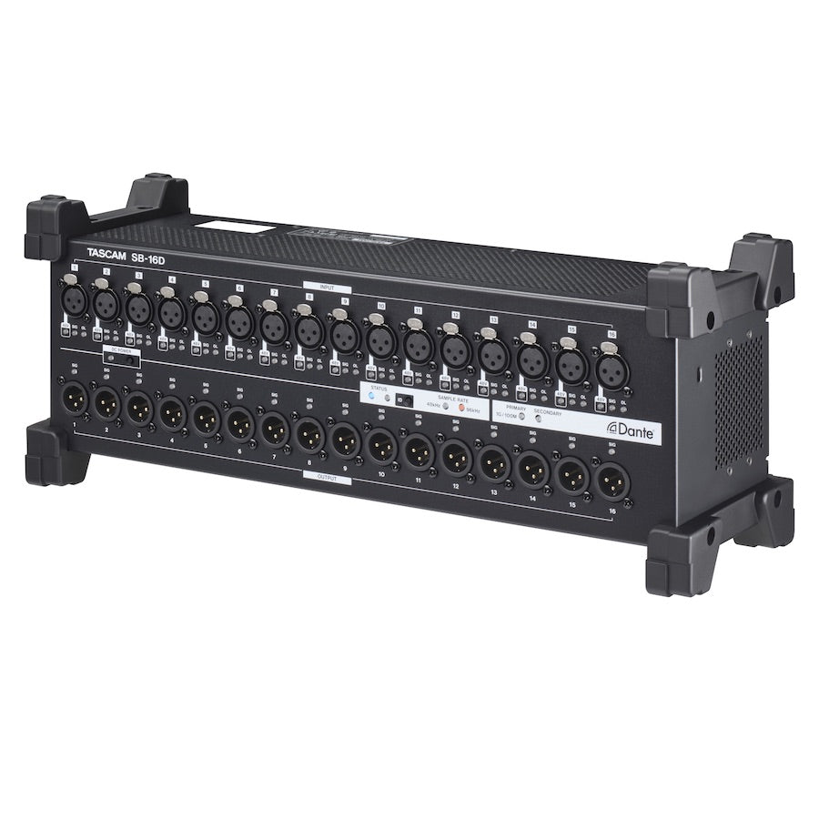 TASCAM SB-16D - 16-in/16-out Dante Stage Box, left angled view