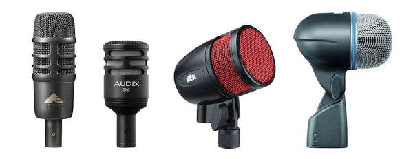Four kick drum microphones – Audio Technica AE2500, Audix D6, Heil PR48, Shure Beta 52A