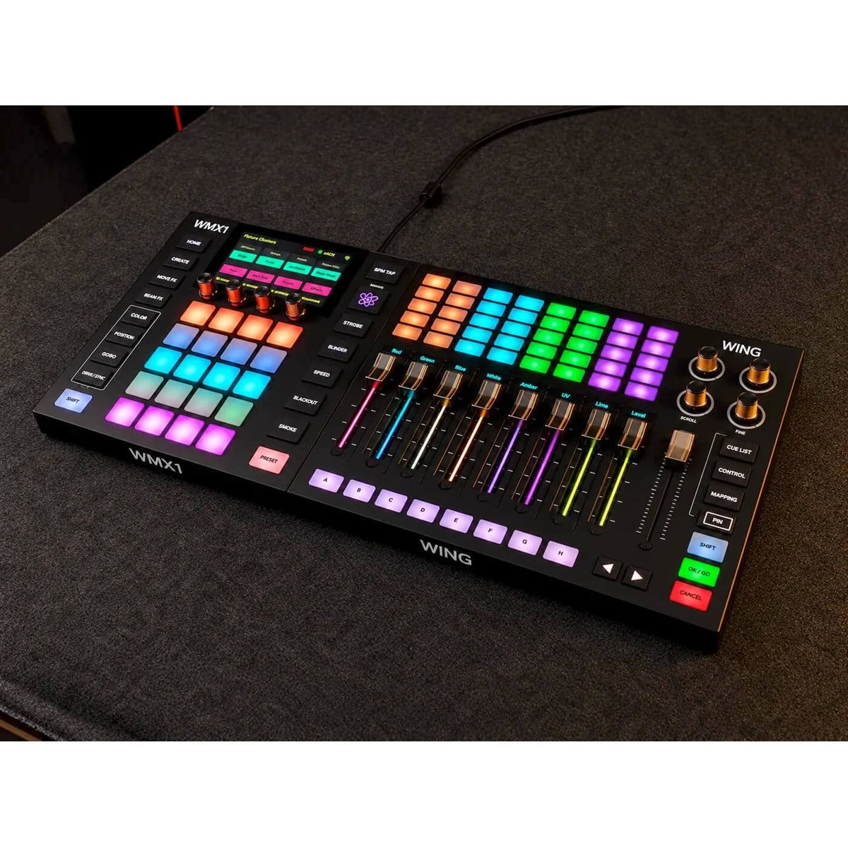 ADJ WMX WING - Control Expansion with 8 Motorized Faders, connected to a WMX1