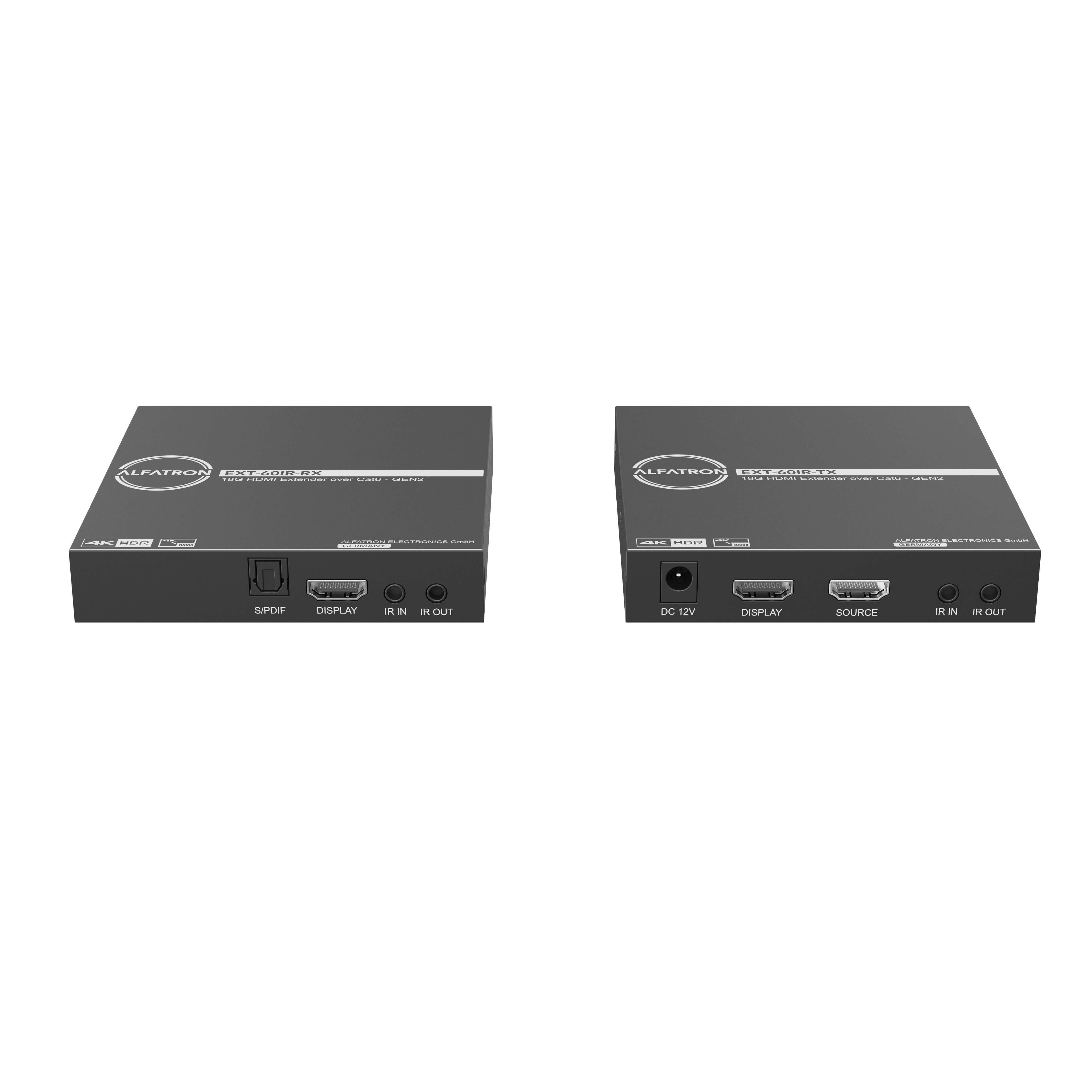 Alfatron EXT60IR-18G (Gen2) - 4K 18Gbps HDMI Extender Set, front tilt