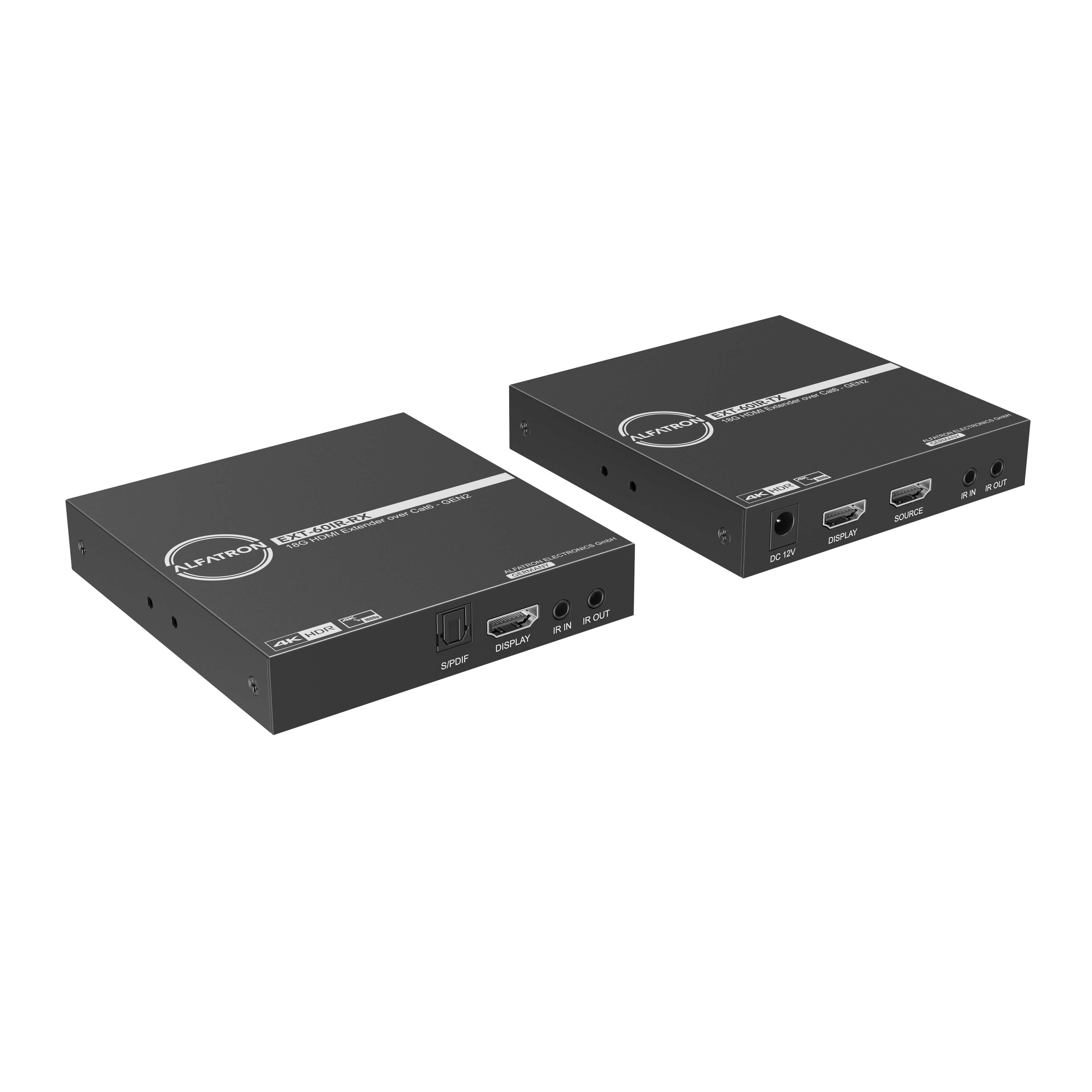 Alfatron EXT60IR-18G (Gen2) - 4K 18Gbps HDMI Extender Set, left angle
