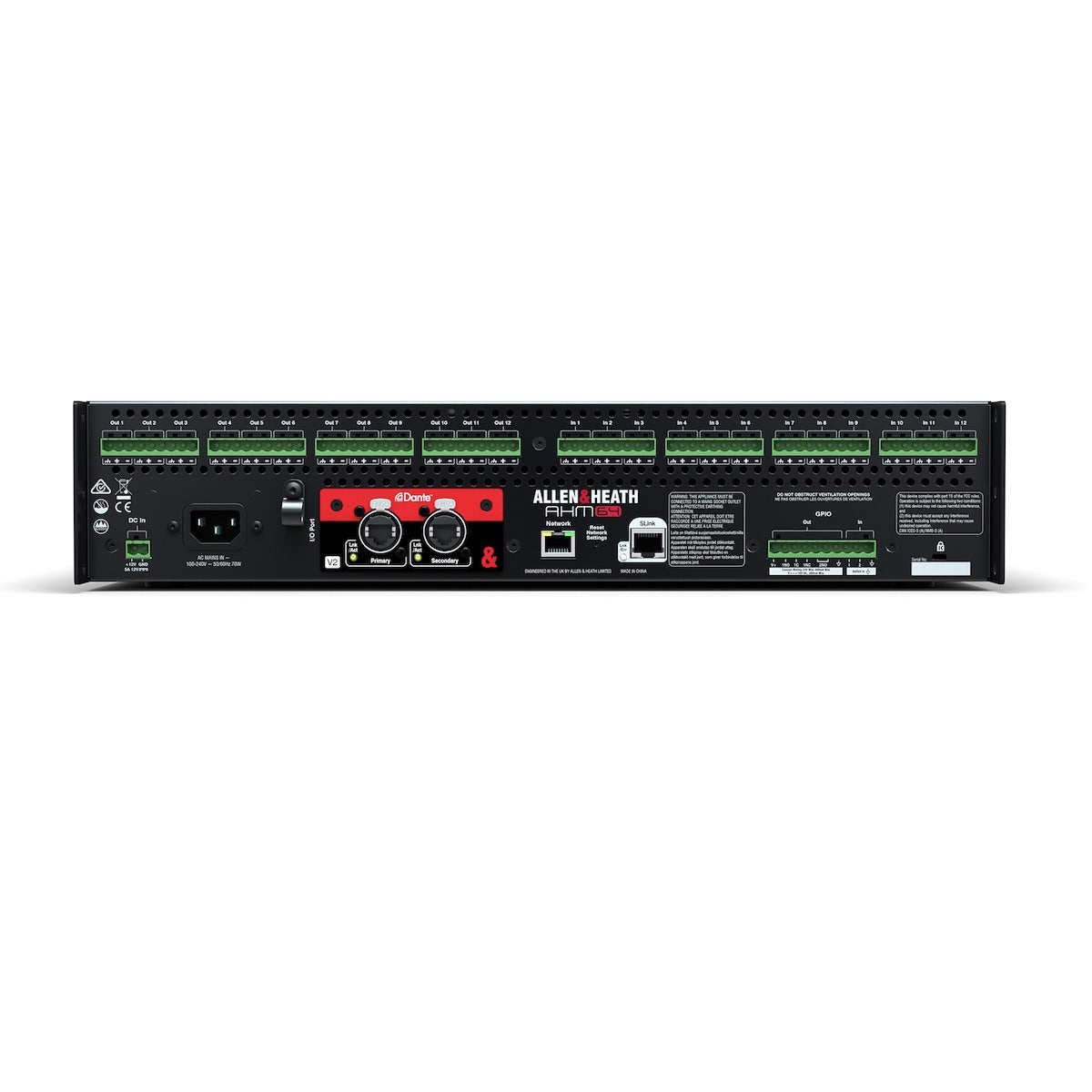 Allen & Heath AHM-64 - 64x64 Audio Matrix Processor, rear with optional Dante card