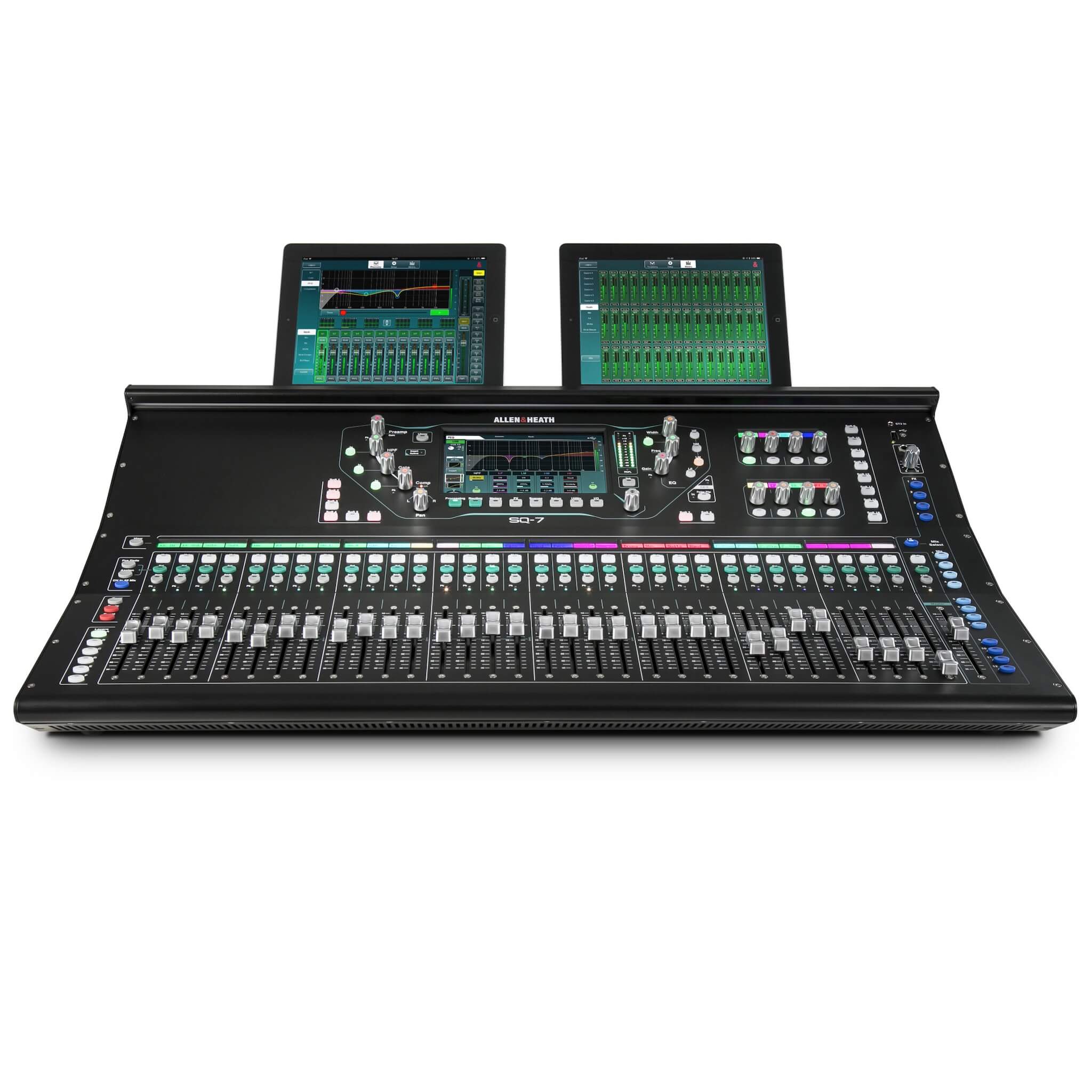 Allen & Heath SQ-7 48-channel Digital Mixer with 33 faders, front with optional iPad stands
