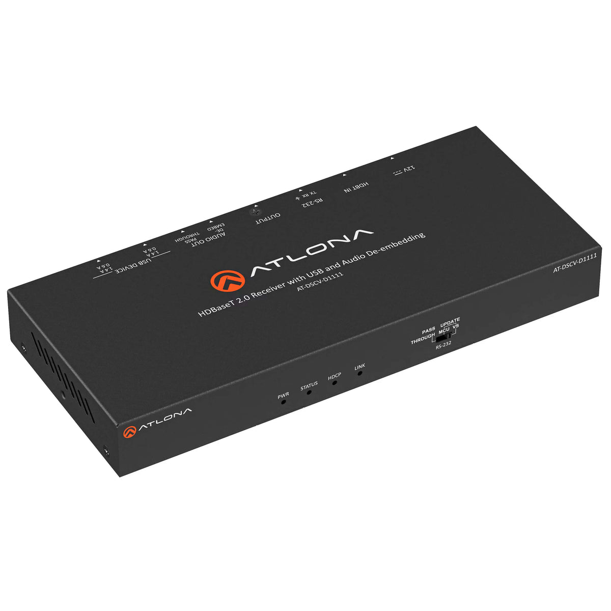 Atlona AT-DSCV-D1111 - HDBaseT receiver with USB and audio de-embedding, angled front