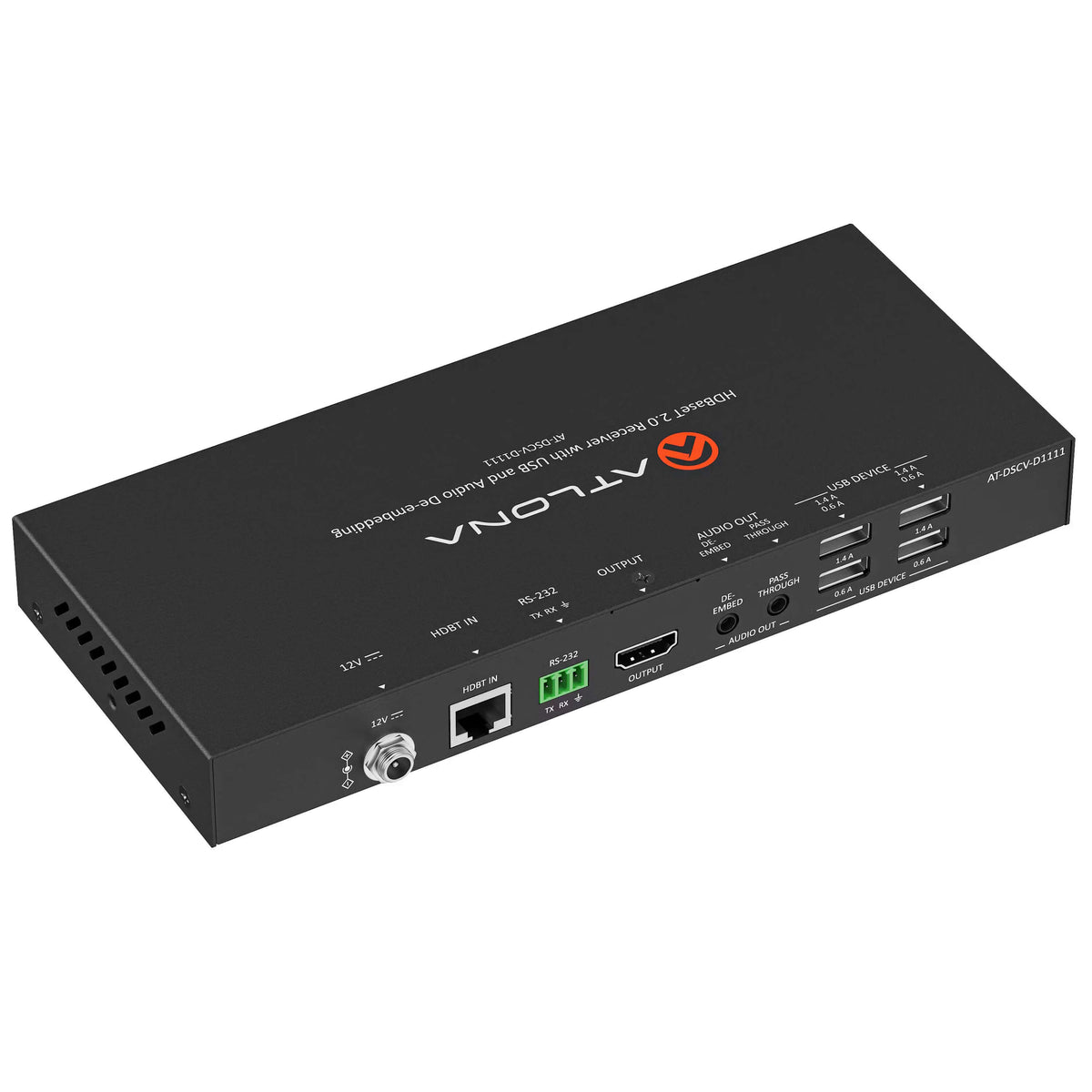Atlona AT-DSCV-D1111 - HDBaseT receiver with USB and audio de-embedding, angled rear