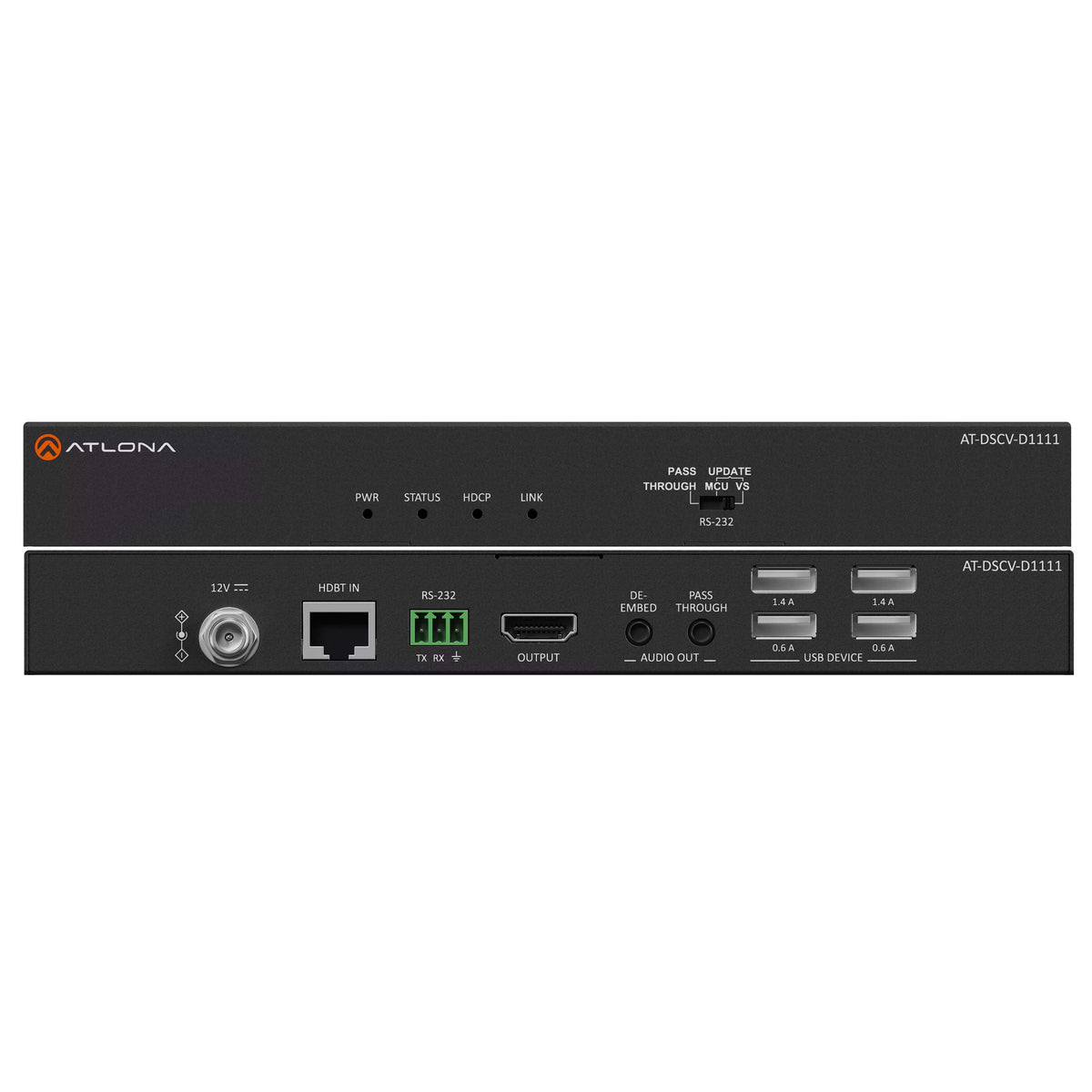 Atlona AT-DSCV-D1111 - HDBaseT receiver with USB and audio de-embedding, combination view of front and rear