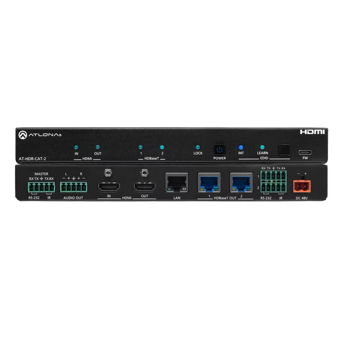 Atlona AT-HDR-CAT-2 - 1x2 4K HDR HDMI to HDBaseT Distribution Amp, combined front and rear views