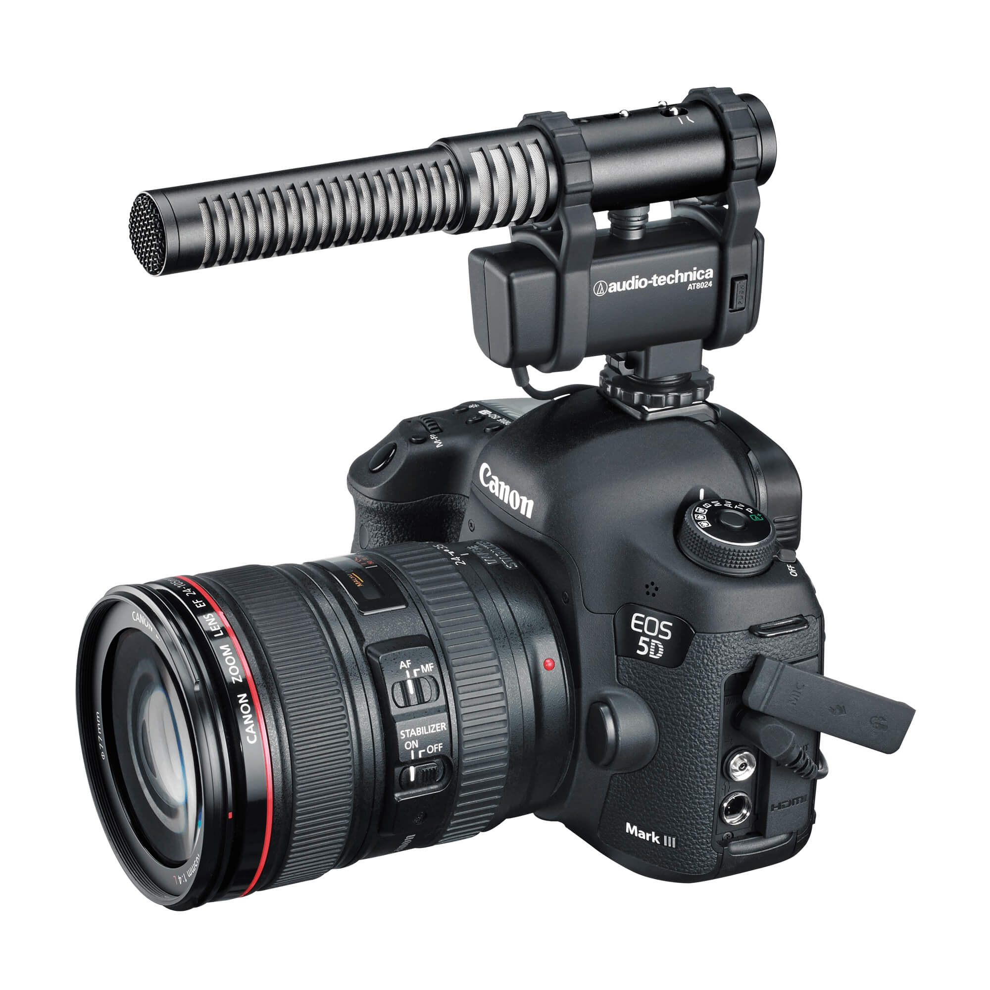 Audio-Technica AT8024 - Stereo/Mono Camera-Mount Microphone, mounted on a DSLR camera