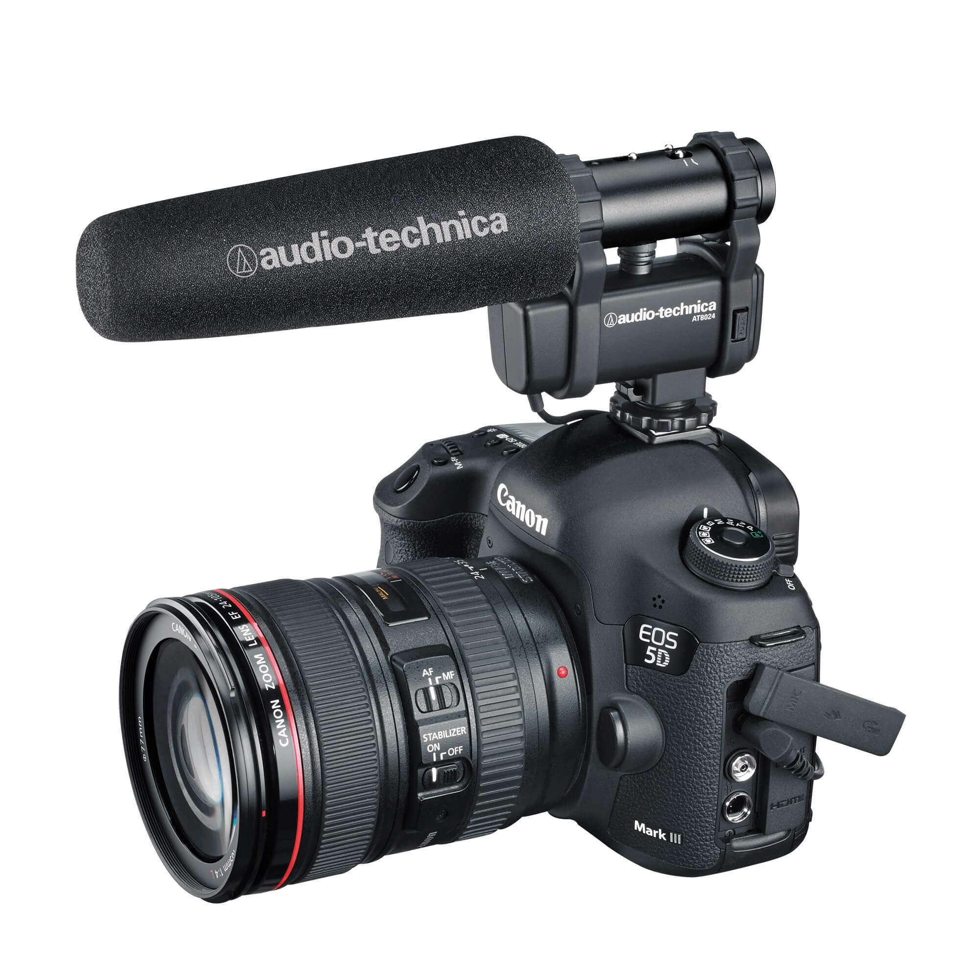 Audio-Technica AT8024 - Stereo/Mono Camera-Mount Microphone, mounted on a DSLR camera with included windscreen