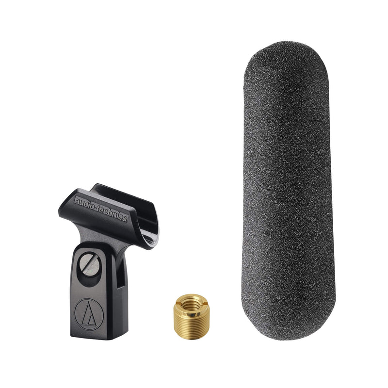 Audio-Technica AT875R - Line + Gradient Condenser Microphone included accessories; mic clamp, thread adapter, and windscreen