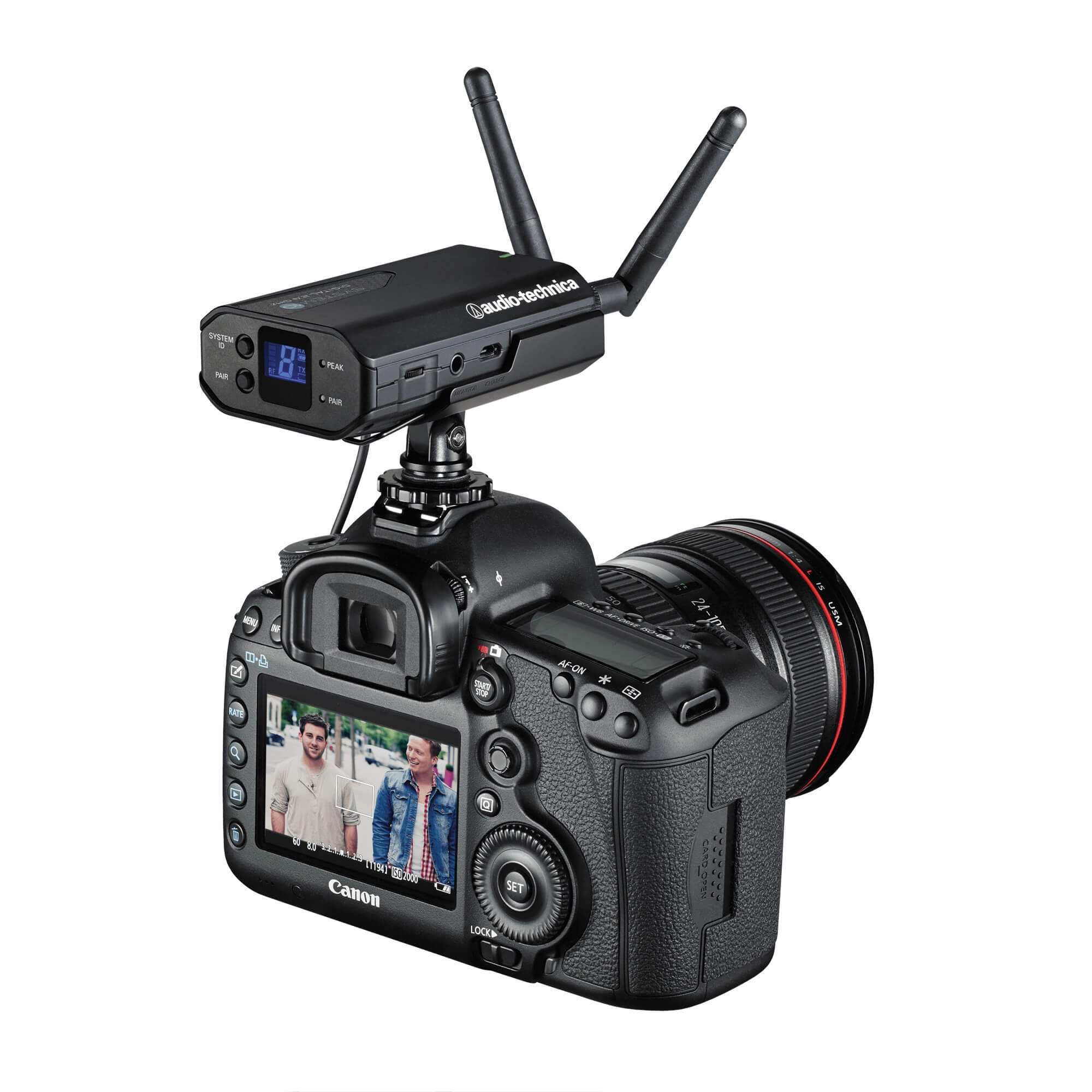 Audio-Technica System 10 Digital Wireless ATW-R1700 Receiver, mounted on a DSLR