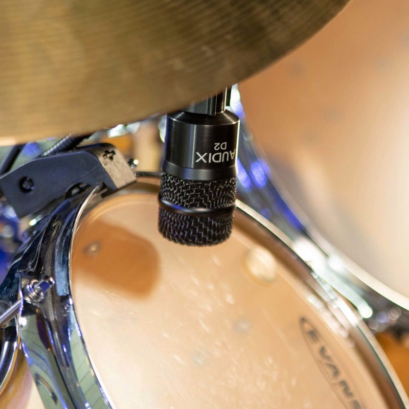 Audix D2 Dynamic Instrument Microphone mounted on a rack tom drum