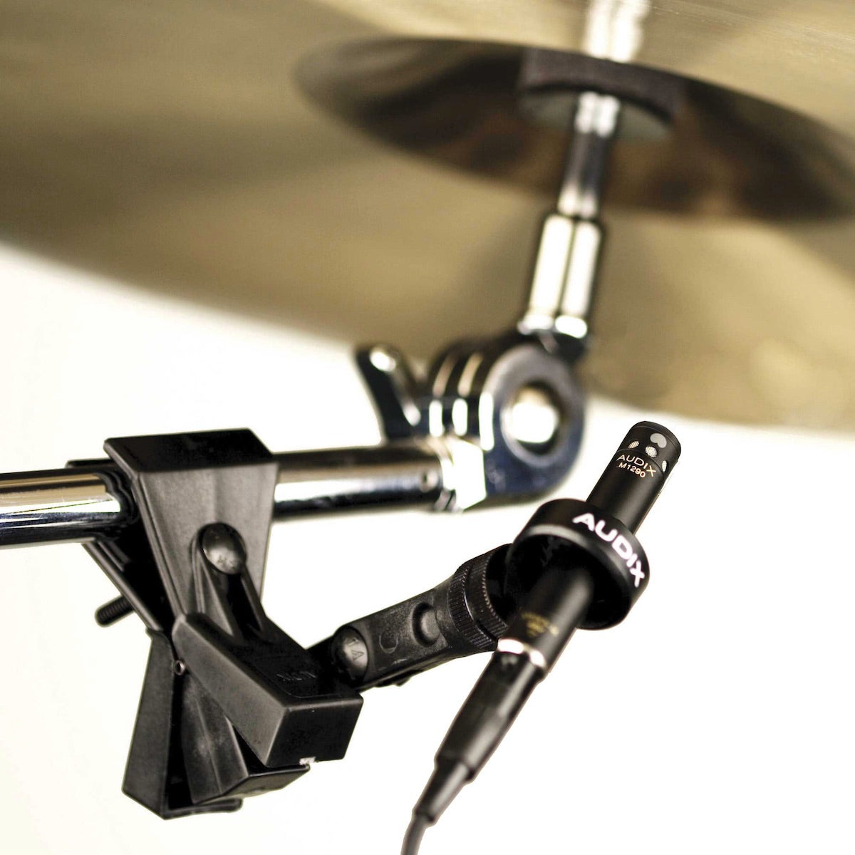 Audix M1250B Miniaturized Condenser Microphone, mounted under a cymbal