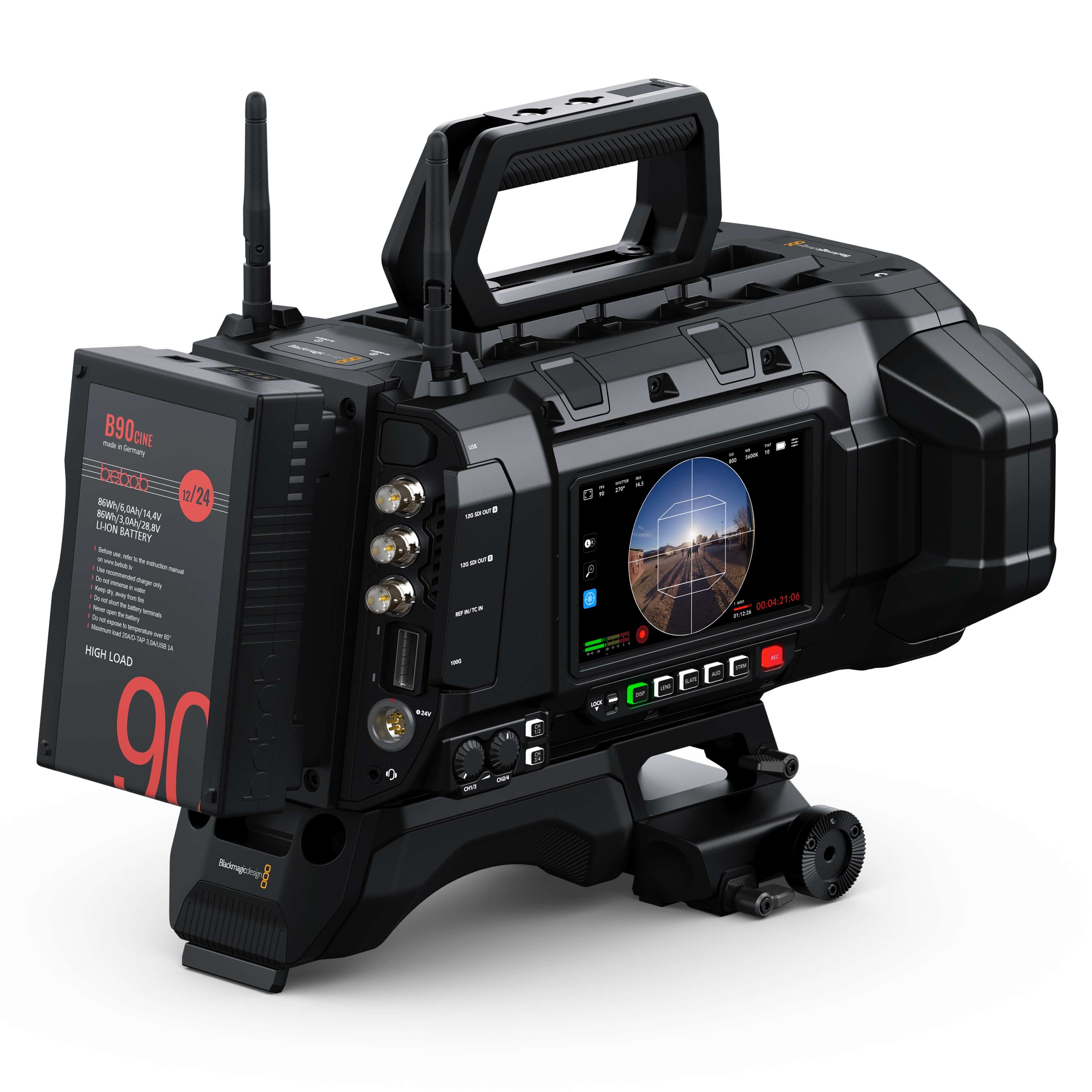 Blackmagic Design URSA Cine Immersive 100G - Dual 8K Sensor Camera, shown with optional battery