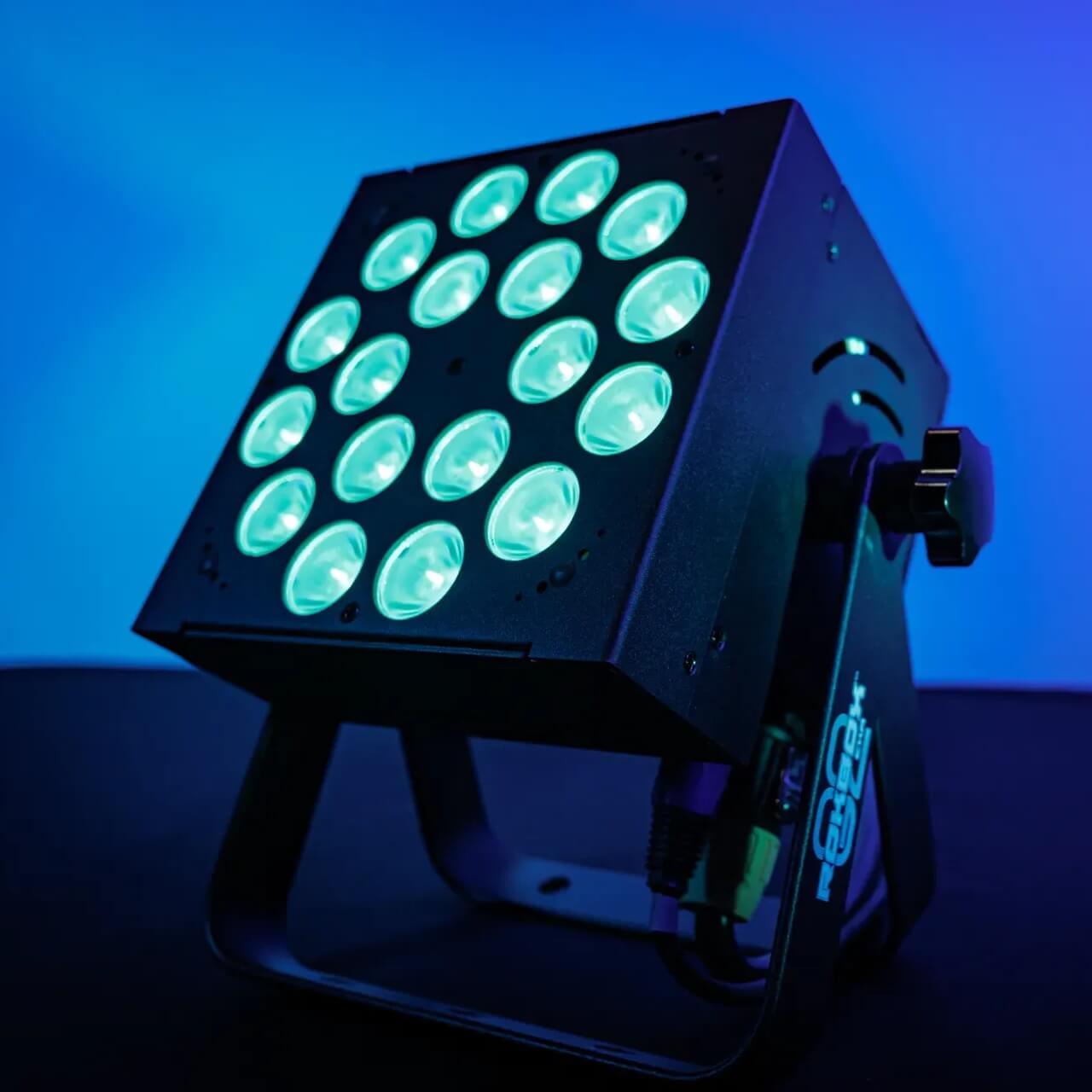 Blizzard Lighting RokBox G2 EXA - 18x 15W RGBAW+UV LED Par Wash Light, aqua-blue lights with blue background