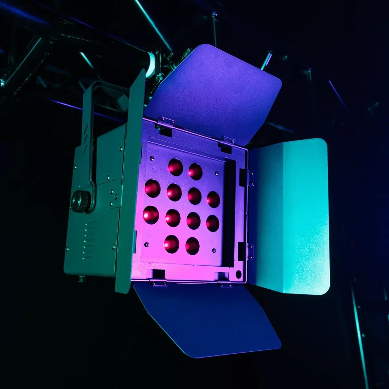 Blizzard Lighting UVonix Blackstar - 120W UV LED Blacklight Flood with barn doors, mounted on stage