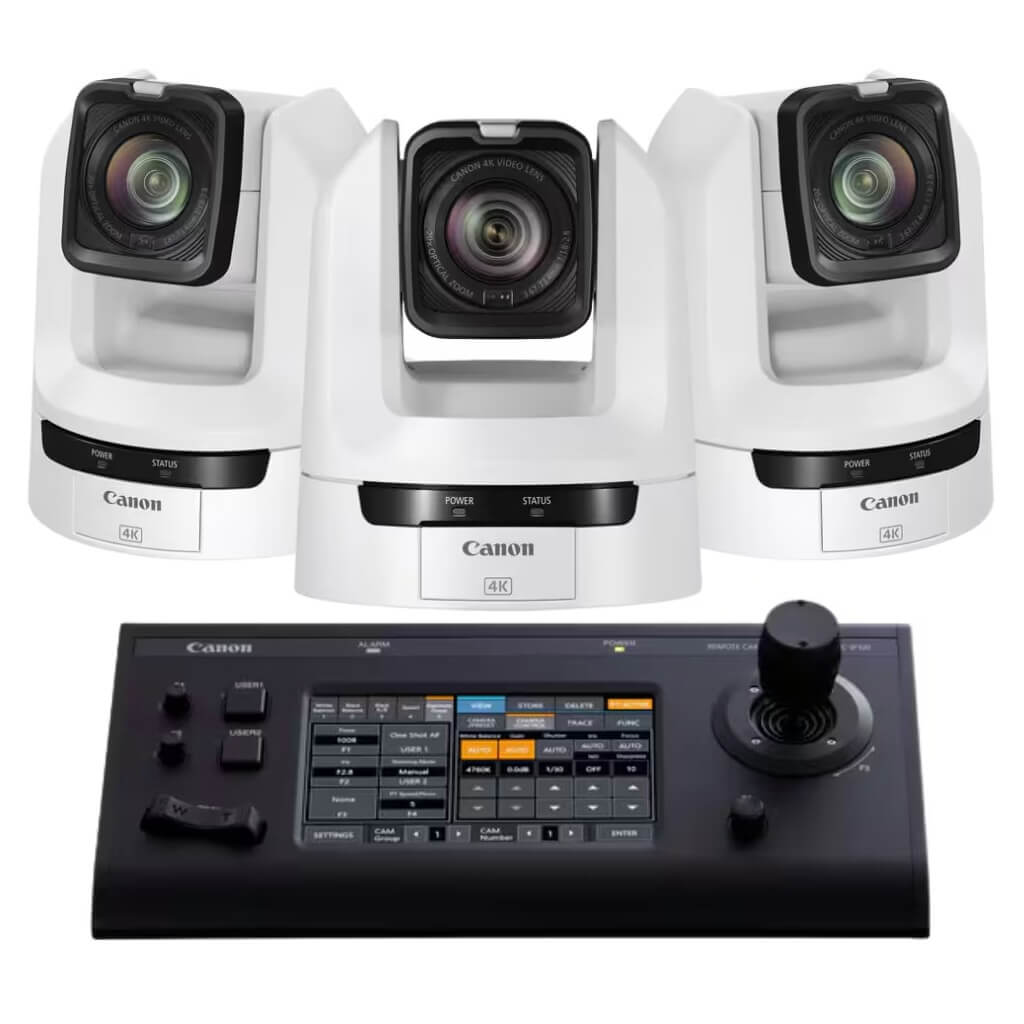 Canon Video Bundle - 3 CR-N300 PTZ Cameras and 1 RC-IP100 Controller, white